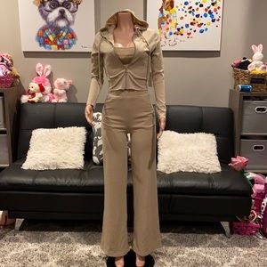 Three piece ribbed taupe tan wide leg flare pant set two piece set co ord set